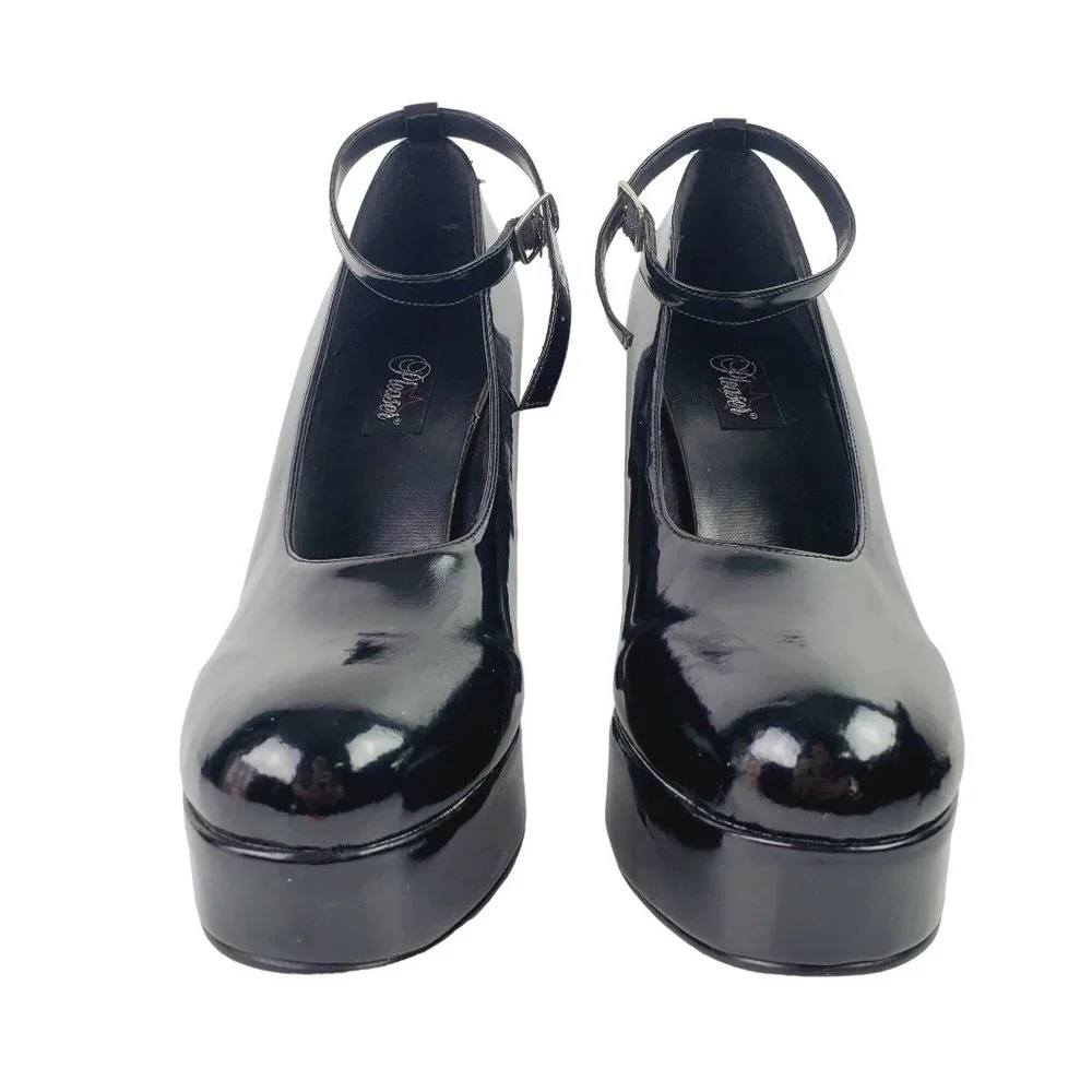 Pleaser Black Patent Leather Platform Mary Jane 5” Block Heels Sz 9